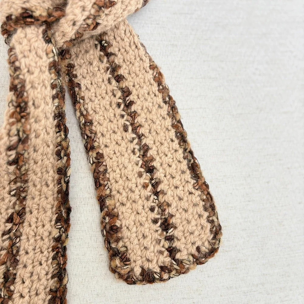 Vintage 2000s Y2k Long Handmade‎ Hand Knit Brown Beige scarf 54